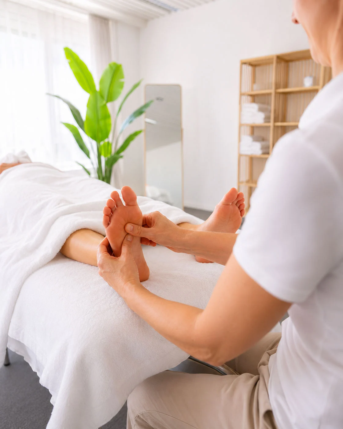 Ruhige Behandlung der Fussreflexzonen im Massage Zentrum Basel